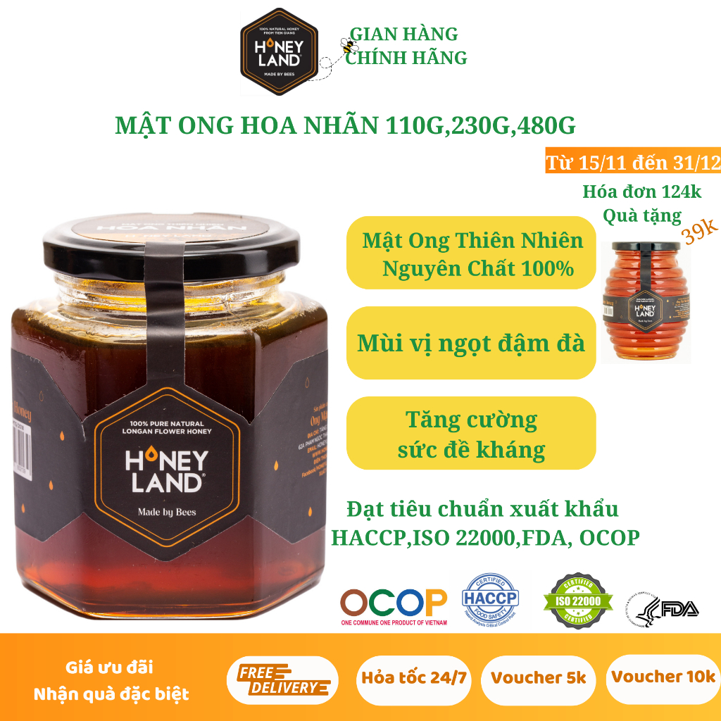 Mật ong nguyên chất hoa Nhãn HONEYLAND 110G