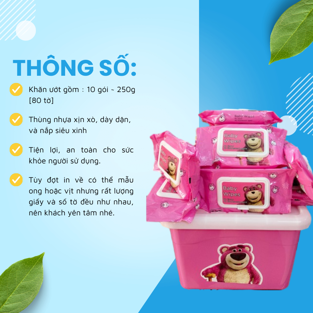 Combo 10 Gói Khăn Giấy Ướt Gấu Dâu Tặng Kèm Thùng Đựng Có Nắp Và Quai Xách - Tongkhogiadung.vn
