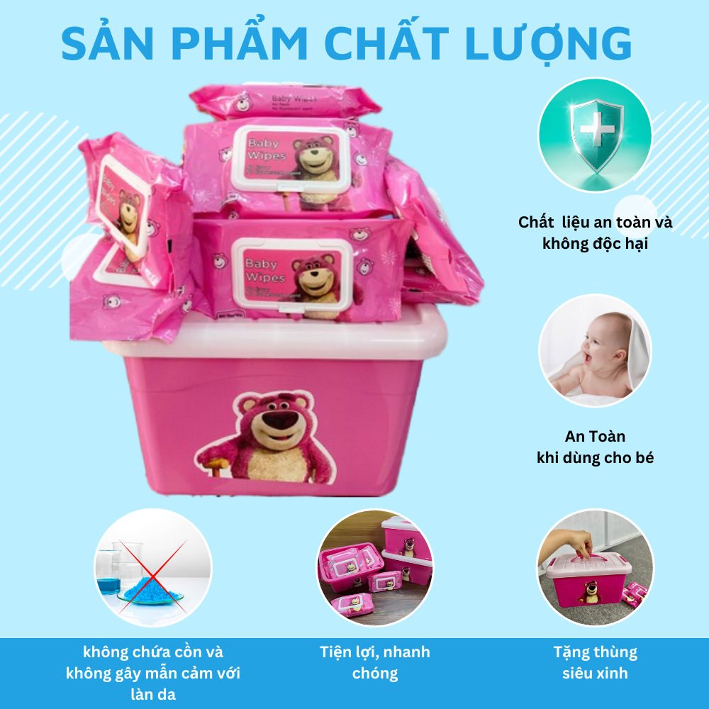 Combo 10 Gói Khăn Giấy Ướt Gấu Dâu Tặng Kèm Thùng Đựng Có Nắp Và Quai Xách - Tongkhogiadung.vn