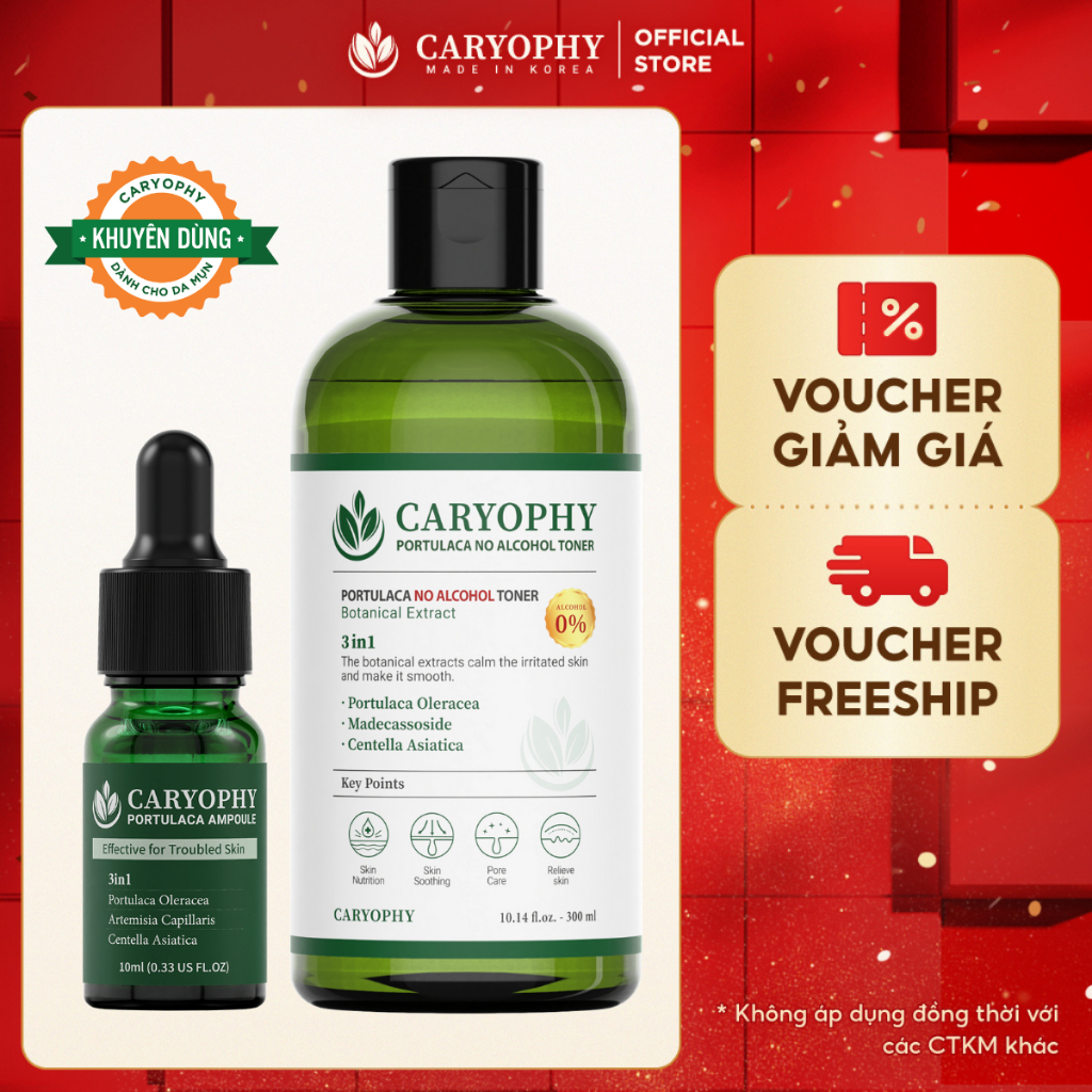 Combo Toner Caryophy 300ml và Serum giảm mụn mờ thâm Portulaca 10ml