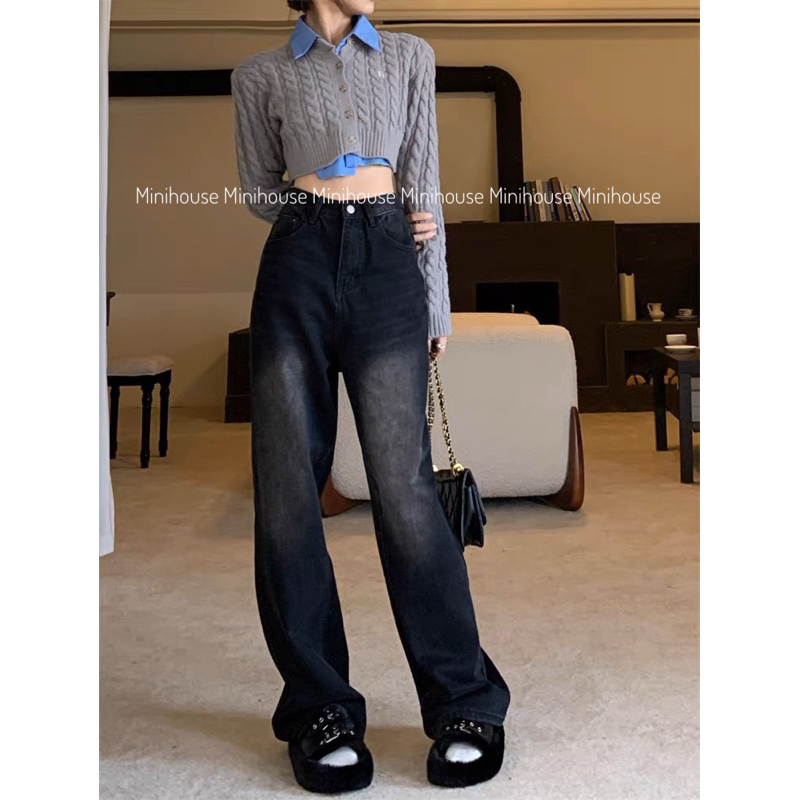 Quần jeans ống rộng đen xám hổ vằn, Quần bò phong cách hiện đại hot 2023 ND33