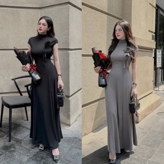 Đầm maxi dáng xòe cổ lọ tay ngắn đính hoa siêu tôn dáng, đầm đi tiệc đi chơi - thun gân lạnh