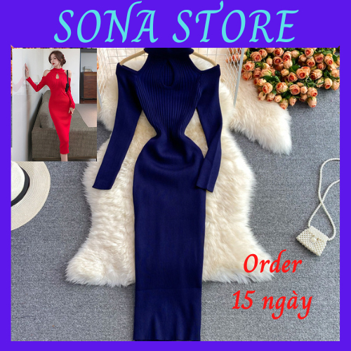 Váy body len dáng dài trễ vai cổ cao cut ngực đầm ôm sexy gợi cảm sang chảnh tiểu thư bánh bèo hàng quảng châu cao cấp