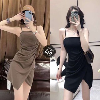 Đầm 2 dây nhún tà lệch phom ngắn chất thun gân co giãn thích hợp mặc đi tiệc đi làm đi chơi