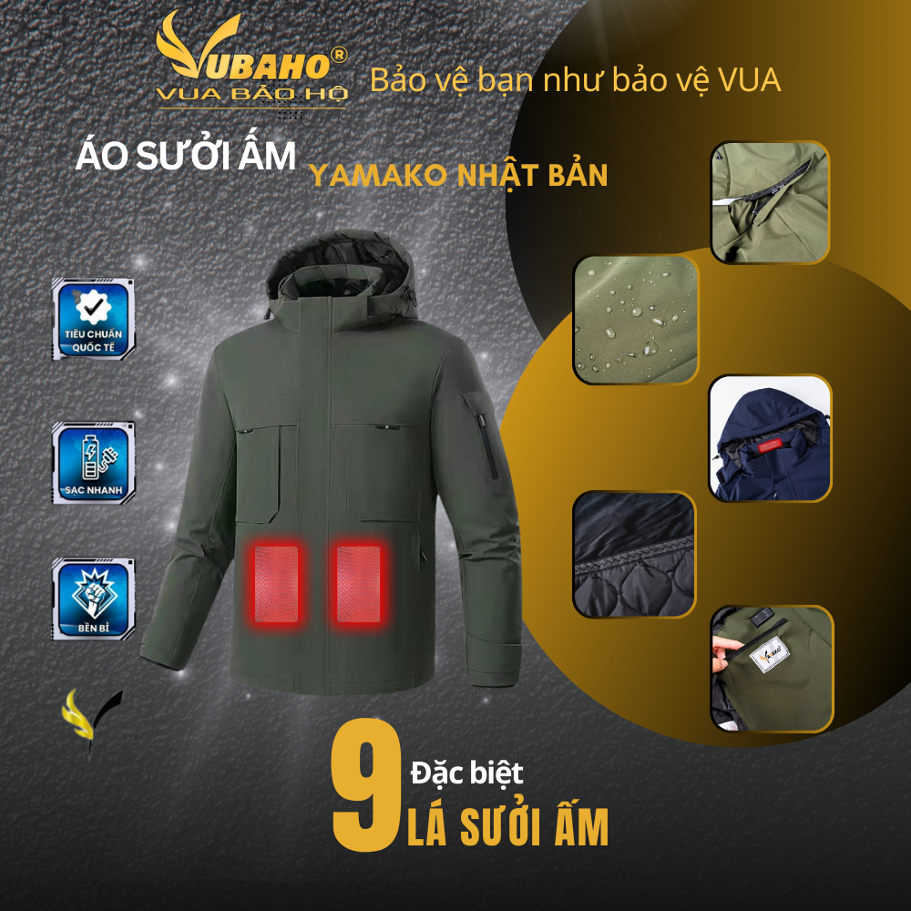 Áo Sưởi Ấm Nhật Bản YAMAKO Có Chống Nước Với 9 Vùng Sưởi, Công Nghệ Mới Nhất Thị Trường (Màu Rêu) [Bảo Hành 12 Tháng]