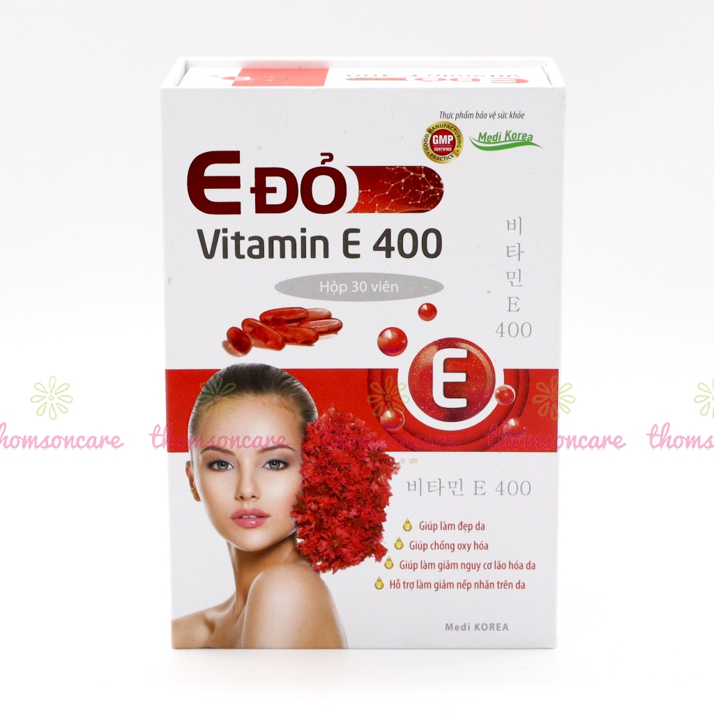 Vitamin E đỏ 400 - Giúp làm đẹp da, chống oxy hóa, giảm nếp nhăn, có thêm dầu hoa anh thảo - Hộp 30 viên