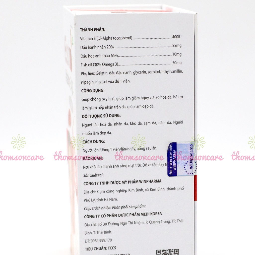 Vitamin E đỏ 400 - Giúp làm đẹp da, chống oxy hóa, giảm nếp nhăn, có thêm dầu hoa anh thảo - Hộp 30 viên