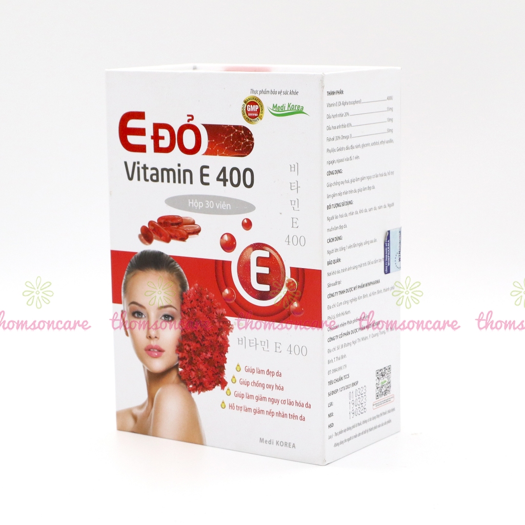 Vitamin E đỏ 400 - Giúp làm đẹp da, chống oxy hóa, giảm nếp nhăn, có thêm dầu hoa anh thảo - Hộp 30 viên