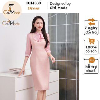 Đầm công sở CITI MODE FASHION thiết kế dáng ôm dạ tweed hồng phối nơ voan DH4339
