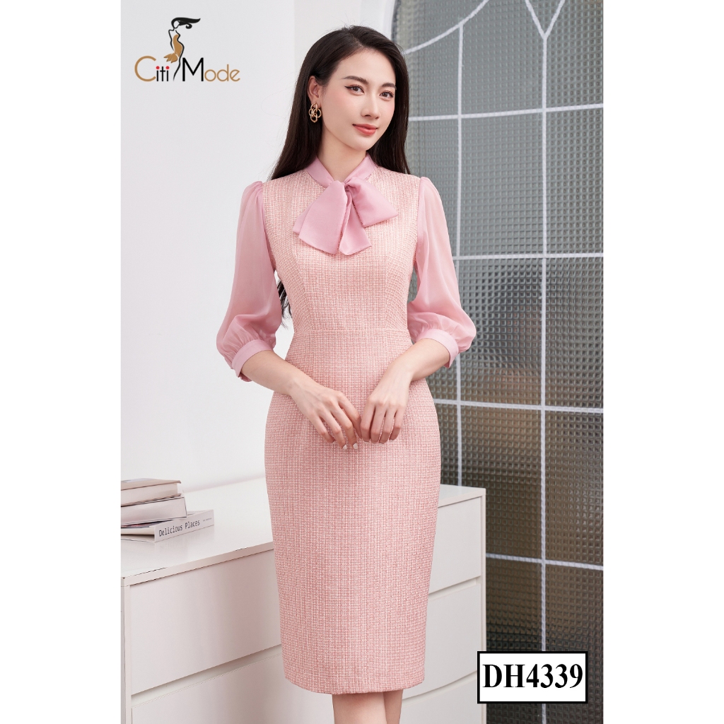 Đầm công sở CITI MODE FASHION thiết kế dáng ôm dạ tweed hồng phối nơ voan DH4339