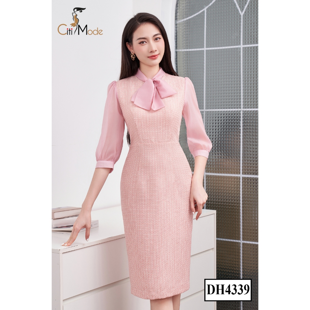 Đầm công sở CITI MODE FASHION thiết kế dáng ôm dạ tweed hồng phối nơ voan DH4339