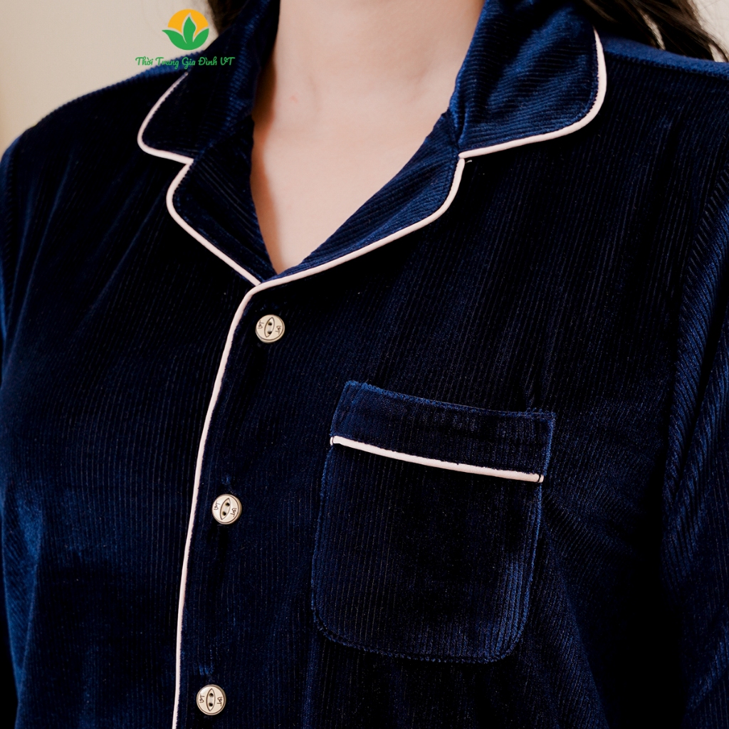 Bộ đồ mặc nhà nữ Pijama chất nhung trơn quần dài, áo dài tay thời trang gia đình VT - B50.2327