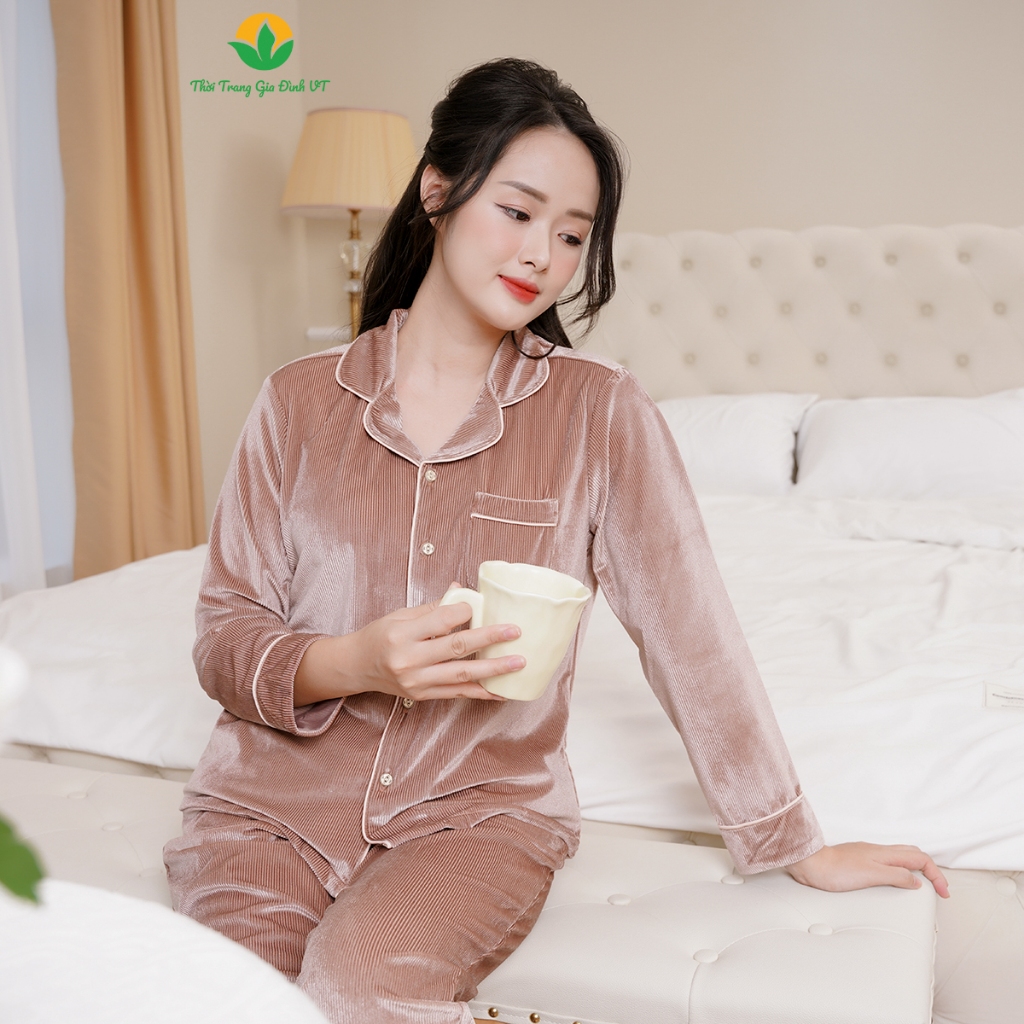 Bộ đồ mặc nhà nữ Pijama chất nhung trơn quần dài, áo dài tay thời trang gia đình VT - B50.2327