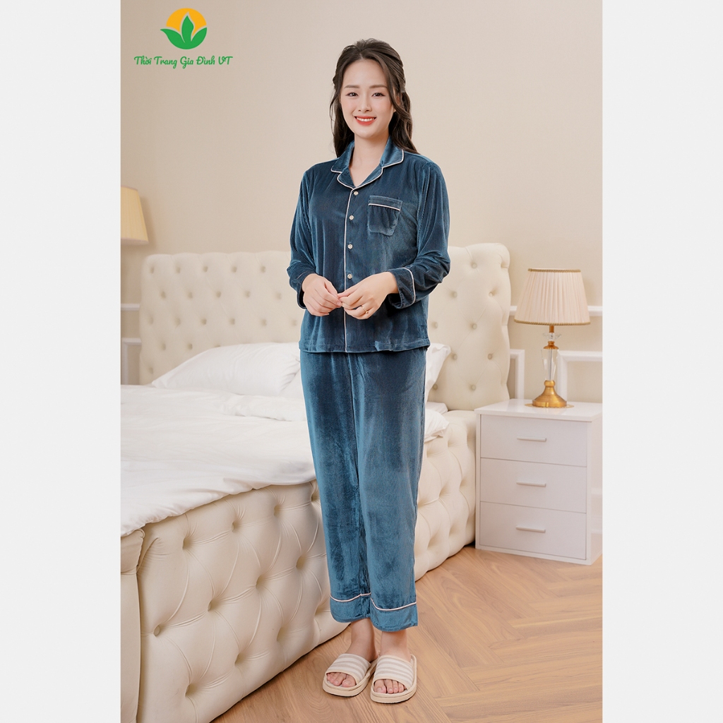 Bộ đồ mặc nhà nữ Pijama chất nhung trơn quần dài, áo dài tay thời trang gia đình VT - B50.2327