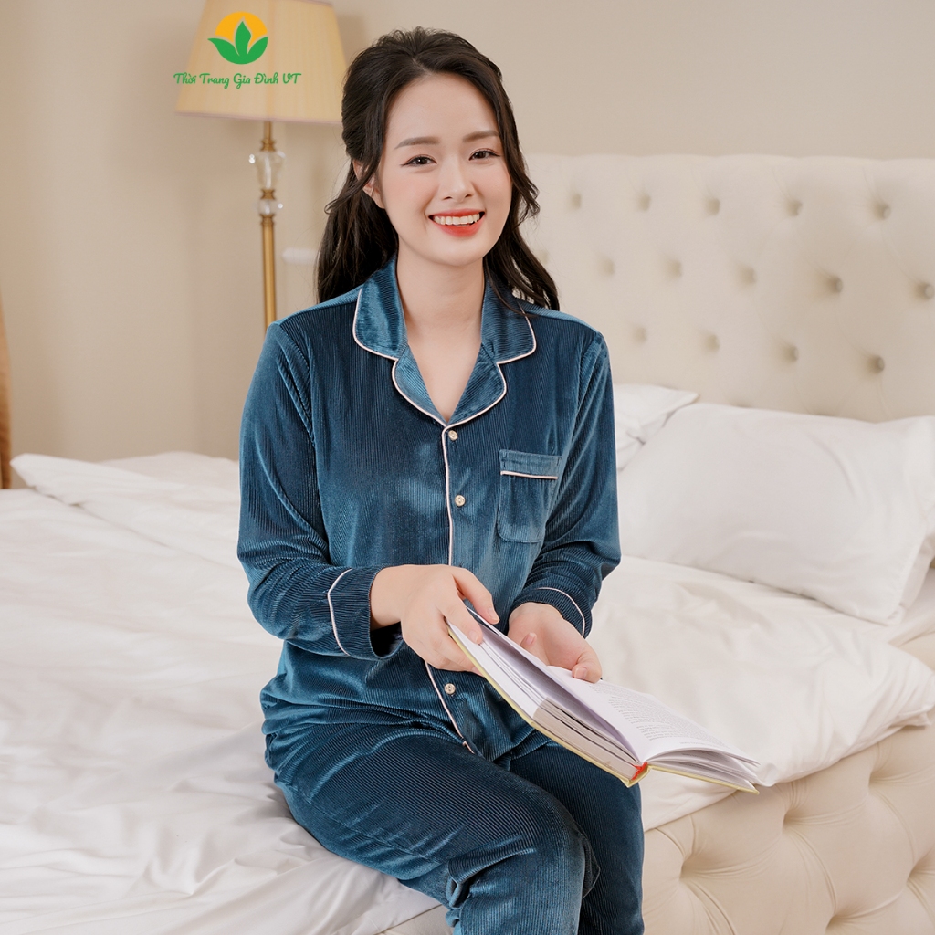 Bộ đồ mặc nhà nữ Pijama chất nhung trơn quần dài, áo dài tay thời trang gia đình VT - B50.2327