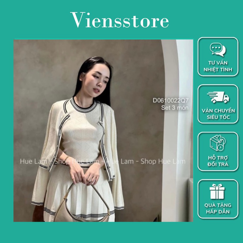 Set 3 món áo khoác len phối viền kèm chân váy xếp ly sang trọng VIENS STORE