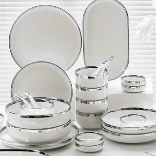 Bộ Bát Đĩa Sứ Màu Trắng [BẮC ÂU] [CAO CẤP] sang trọng, viền vàng 24k, , hàng loại 1 sáng bóng