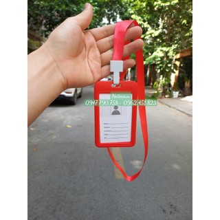 Bộ thẻ nhựa đỏ dọc + dây đeo thẻ lụa móc nhựa bản to 1,5cm đỏ - dây đeo bảng tên - dây lụa