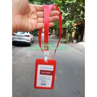 Bộ thẻ nhựa đỏ dọc + dây đeo thẻ lụa móc nhựa bản to 1,5cm đỏ - dây đeo bảng tên - dây lụa