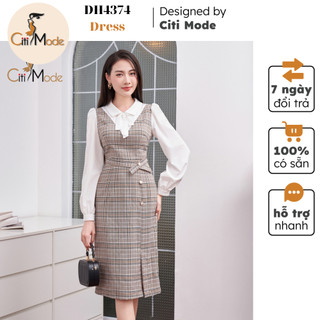 Đầm công sở CITI MODE FASHION thiết kế dáng  ôm kẻ nâu phối tay voan trắng DH4374