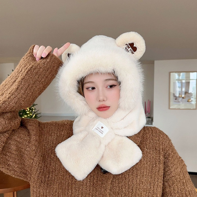 Mũ lông cừu nữ len tai gấu Mũ sưởi mùa đông kèm khăn quàng cổ