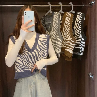 Áo gile len nữ hoạ tiết kẻ vằn cổ V - Áo khoác len nữ hàng Quảng Châu cao cấp Mao Store