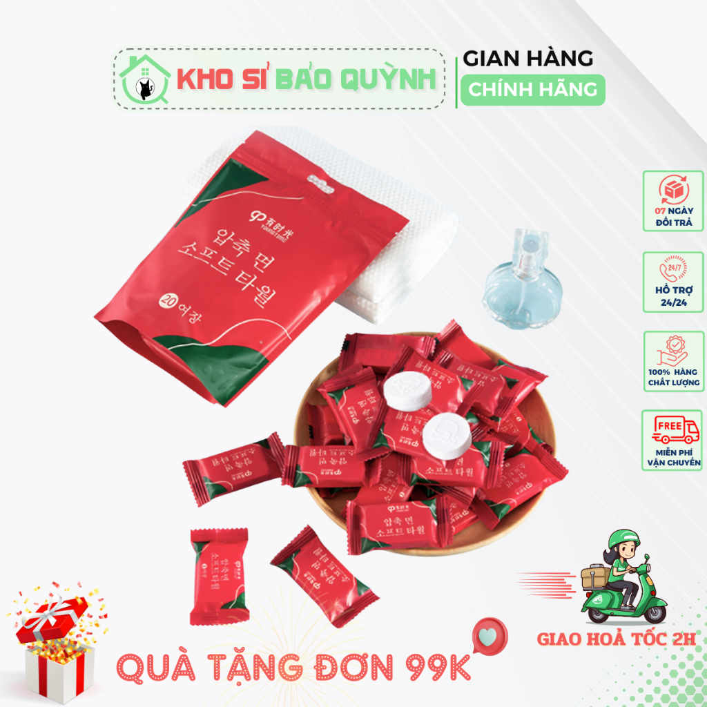  Túi 20 khăn giấy nén Hàn Quốc, dạng viên kẹo dùng 1 lần tiện dụng, an toàn, sạch sẽ - 20 x 22cm - Chính Hãng