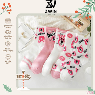 Sét 5 Đôi Tất Chân Tất Vớ Cổ Cao Nam Nữ Họa Tiết Gấu Lotso Chất Cotton Co Giãn VT29 - Zwin Fashion
