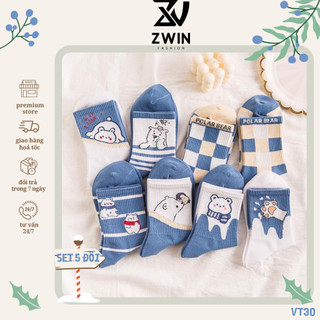 Sét 5 Đôi Tất Chân Tất Vớ Cổ Cao Nam Nữ Họa Tiết Gấu Xanh Chất Cotton Co Giãn VT30 - Zwin Fashion