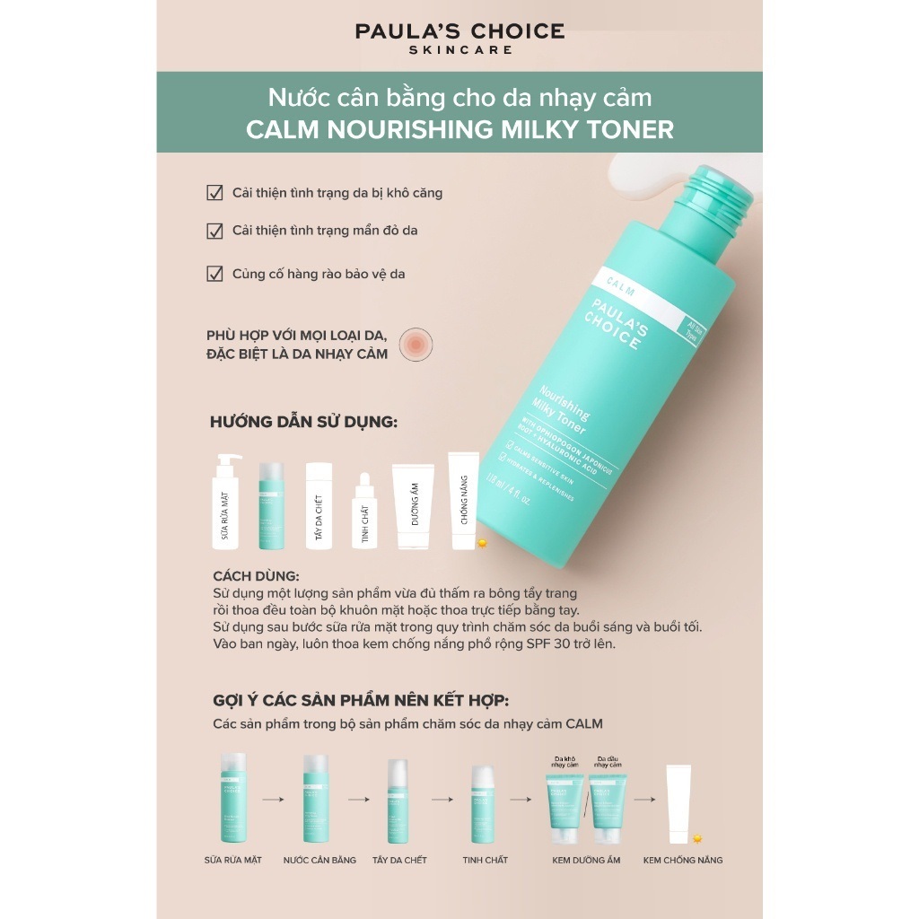 Nước cân bằng dịu nhẹ cho da nhạy cảm Paula's Choice Calm Nourishing Milky Toner 118ml