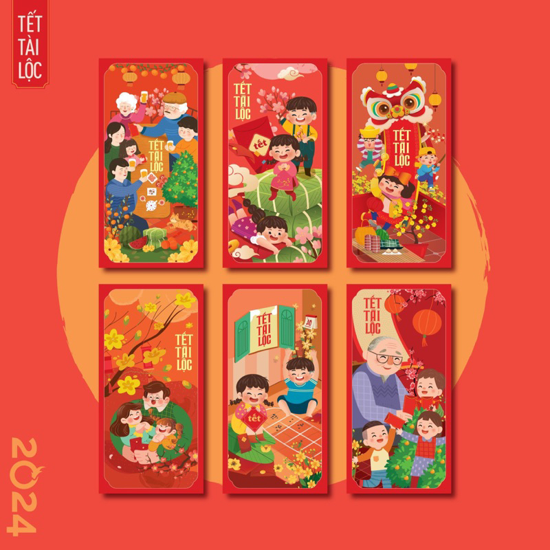Set 6 lì xì Tết đỏ truyền thống