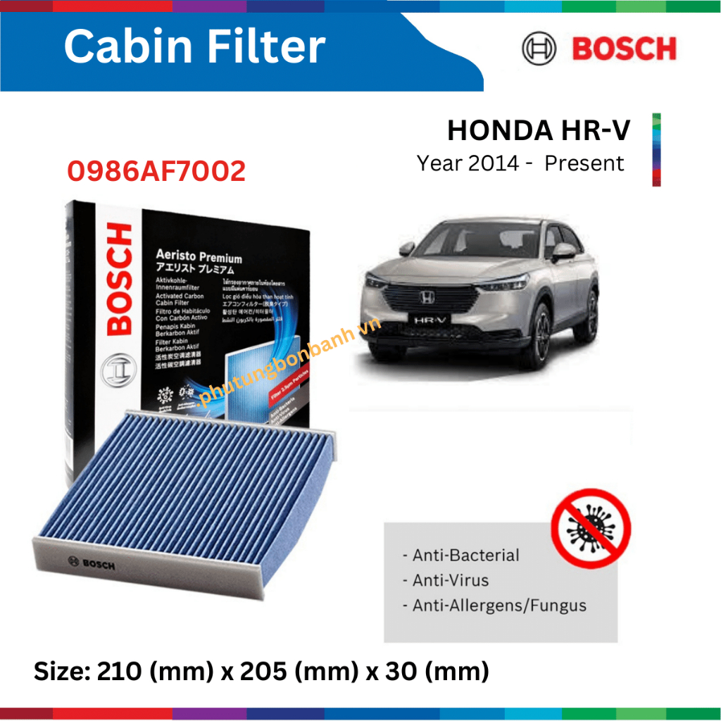 Lọc gió điều hòa xe Honda HRV / HR-V (14-), than hoạt tính, chống bụi mịn PM2.5, BOSCH Aeristo Premium 0986AF7002
