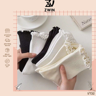 Tất Vớ Trơn Cổ Cao Sét 5 Đôi Tất Chân Nữ Cổ Bèo Nhún Màu Trơn Basic Chất Cotton Co Giãn VT32 - Zwin Fashion