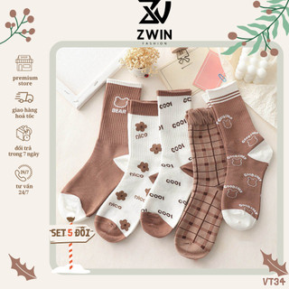 Sét 5 Đôi Tất Vớ Cổ Cao Nam Nữ Họa Tiết Phong Cách Vintage Chất Cotton Co giãn VT34 - Zwin Fashion