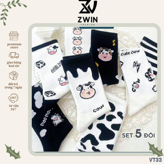 Tất Vớ Cổ Cao Sét 5 Đôi Tất Chân Nam Nữ Họa Tiết Bò Sữa Chất Cotton Co Giãn VT33 - Zwin Fashion