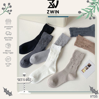 Tất Vớ Trơn Cổ Cao Sét 5 Đôi Tất Nam Nữ Phối Cổ Rách Cá Tính Chất Cotton Co Giãn VT35 - Zwin Fashion