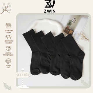 Sét 5 Đôi Tất Chân Tất Vớ Trơn Cổ Cao Đen Trơn Basic Nam Nữ Chất Cotton Co Giãn VT31 - Zwin