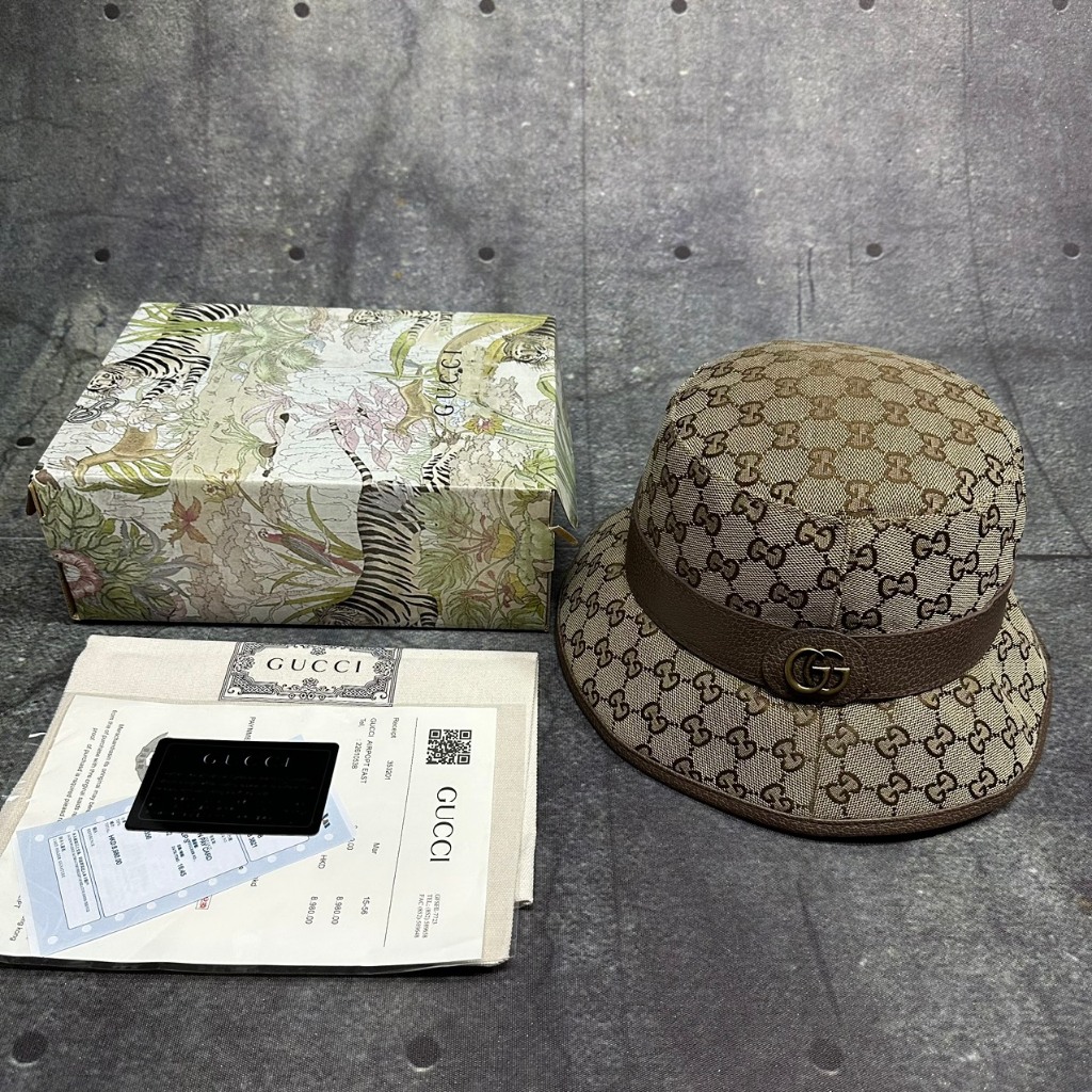 Nón vành tròn Mũ bucket Gucci viền da logo GG fullbox hộp