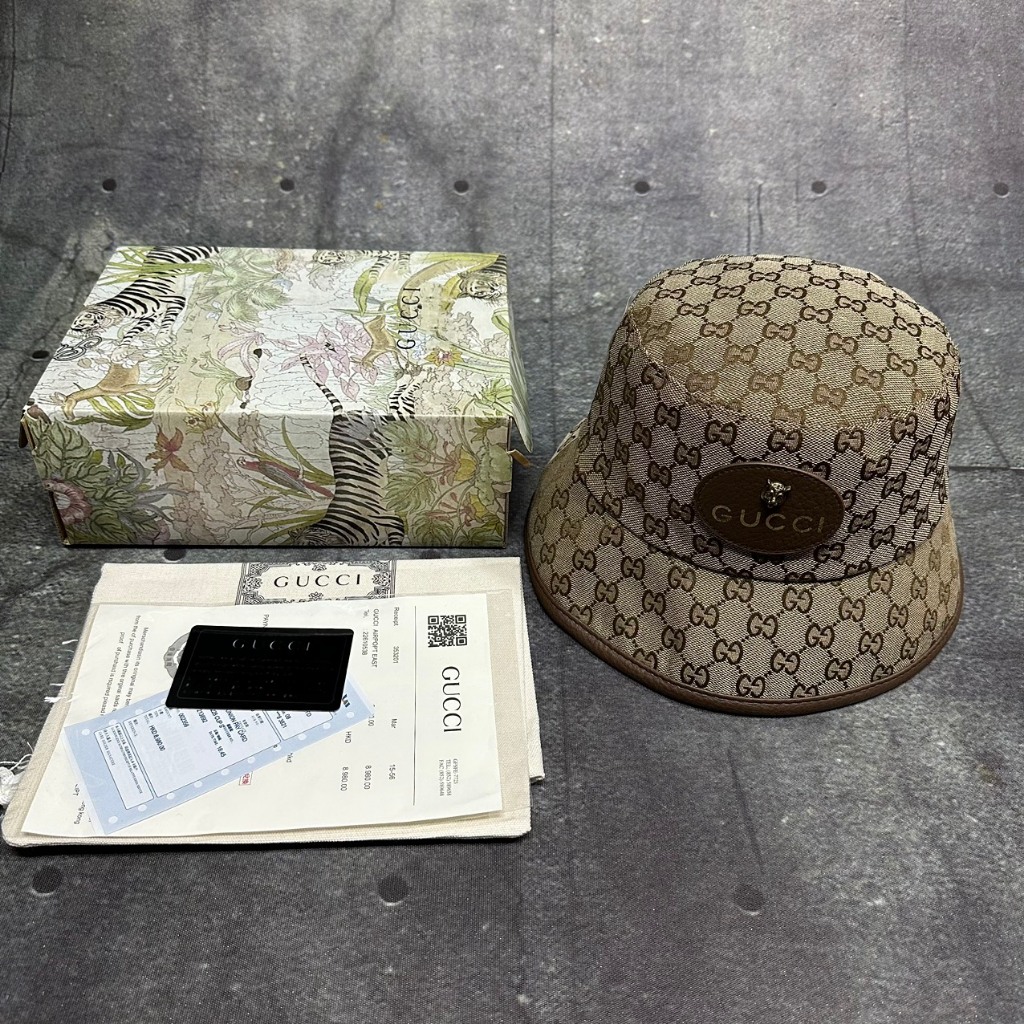 Nón vành tròn Mũ bucket Gucci hổ sắt viền da logo GG fullbox hộp cực đẹp