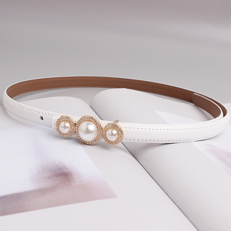 Thắt Lưng/ Đai Váy Dây Da bản nhỏ 1.2cm Ba Hạt Ngọc Cao Cấp Dễ Phối Đồ Mẫu 2024