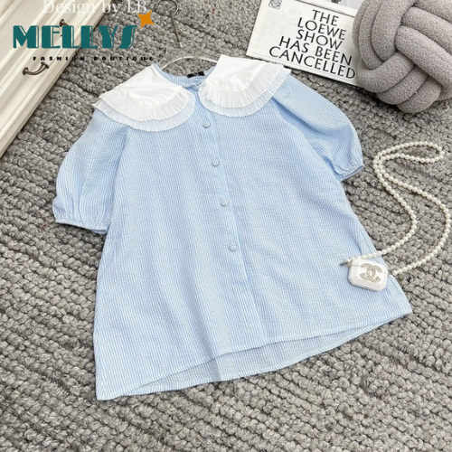 Áo sơ mi nữ Mellys sơ mi kiểu babydoll thiết kế tay phồng ngắn cổ tròn kiểu dáng basic nhẹ nhàng tiểu thư thời tran