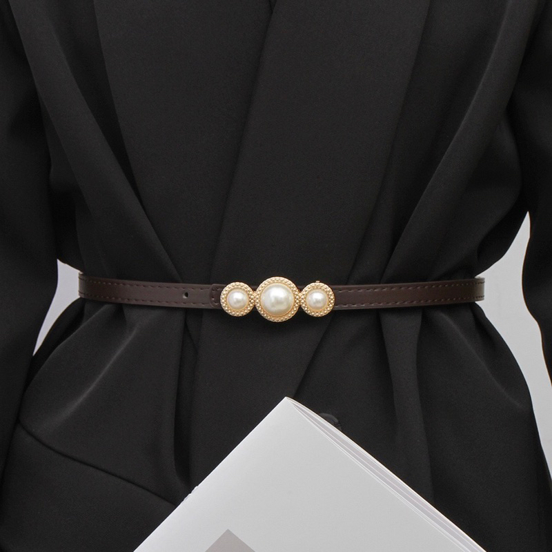 Thắt Lưng/ Đai Váy Dây Da bản nhỏ 1.2cm Ba Hạt Ngọc Cao Cấp Dễ Phối Đồ Mẫu 2024