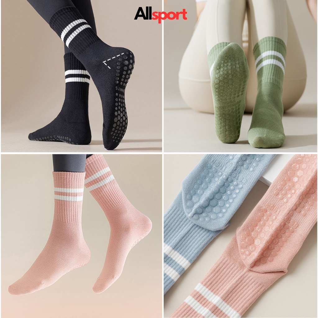 Tất Tập Yoga, Vớ Tập Gym Pilates Chống Trơn Trượt, Có Quai Chéo Gắn Hạt Silicon AllSport- SOCKS03
