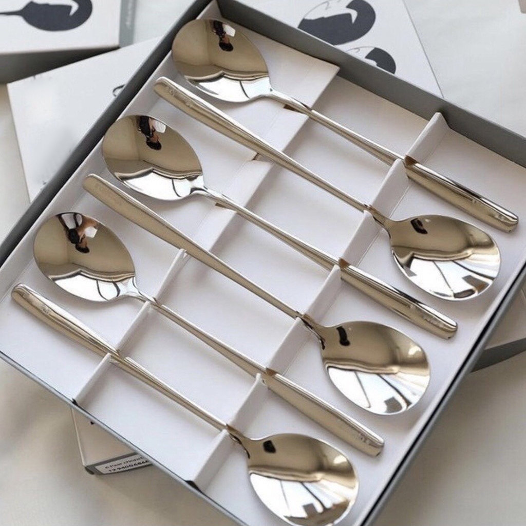 Sét 6 Cái Thìa INOX Cán Dài 21cm - R6 Kèm Hộp Cao Cấp - Muỗng Inox Ăn Cơm - Muỗng Đầu Tròn