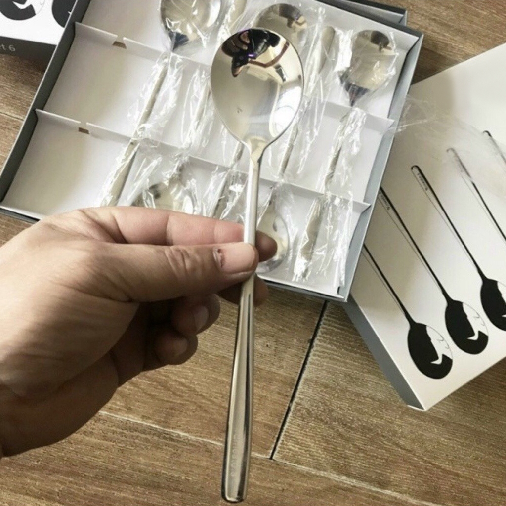 Sét 6 Cái Thìa INOX Cán Dài 21cm - R6 Kèm Hộp Cao Cấp - Muỗng Inox Ăn Cơm - Muỗng Đầu Tròn
