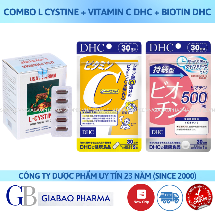 COMBO làm đẹp da, mọc tóc, giảm rụng tóc hiệu quả L cystine 500mg,  Biotin DHC, Vitamin C DHC, liệu trình 1 tháng