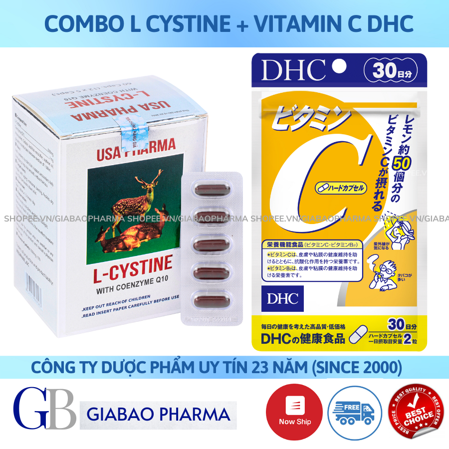 COMBO L cystine 500mg + Vitamin C DHC hỗ trợ trắng da và giảm rụng tóc, giảm mụn (L cystine 60; Vit C gói 30 ngày)