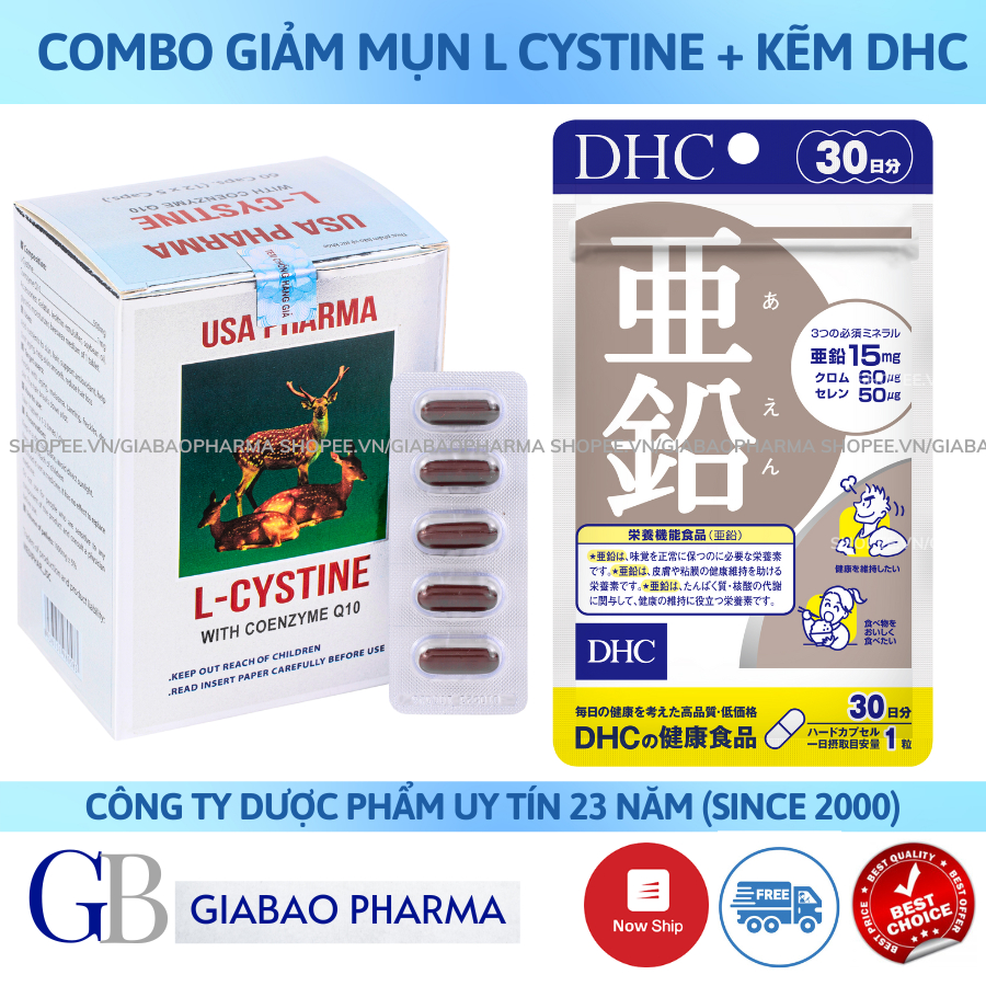 COMBO giảm mụn, mọc tóc L-cystine 500mg và Kẽm DHC Nhật Bản (L cystine hộp 60 viên; Kẽm gói 30 viên)