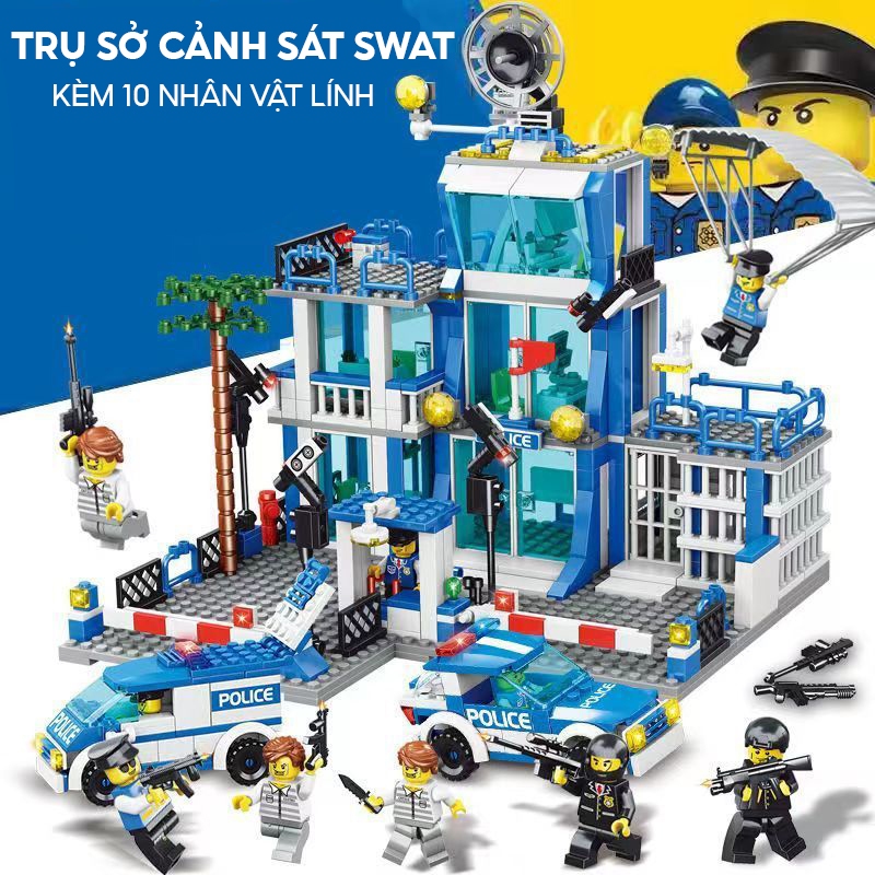 Đồ chơi xếp hình Vuadochoiz SW766 tương thích Trụ Sở cảnh sát Police Xanh kèm lính cảnh sát