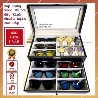 Hộp Để 6 Đồng Hồ + 9 Kính Mát Vỏ Da (2 Tầng) - Hộp Đồng Hồ Nhiều Ngăn